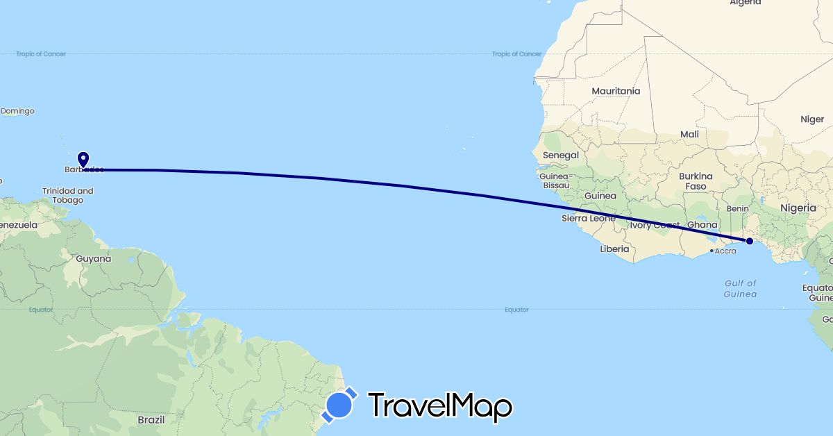 TravelMap itinerary: driving in Barbados, Nigeria (Africa, North America)